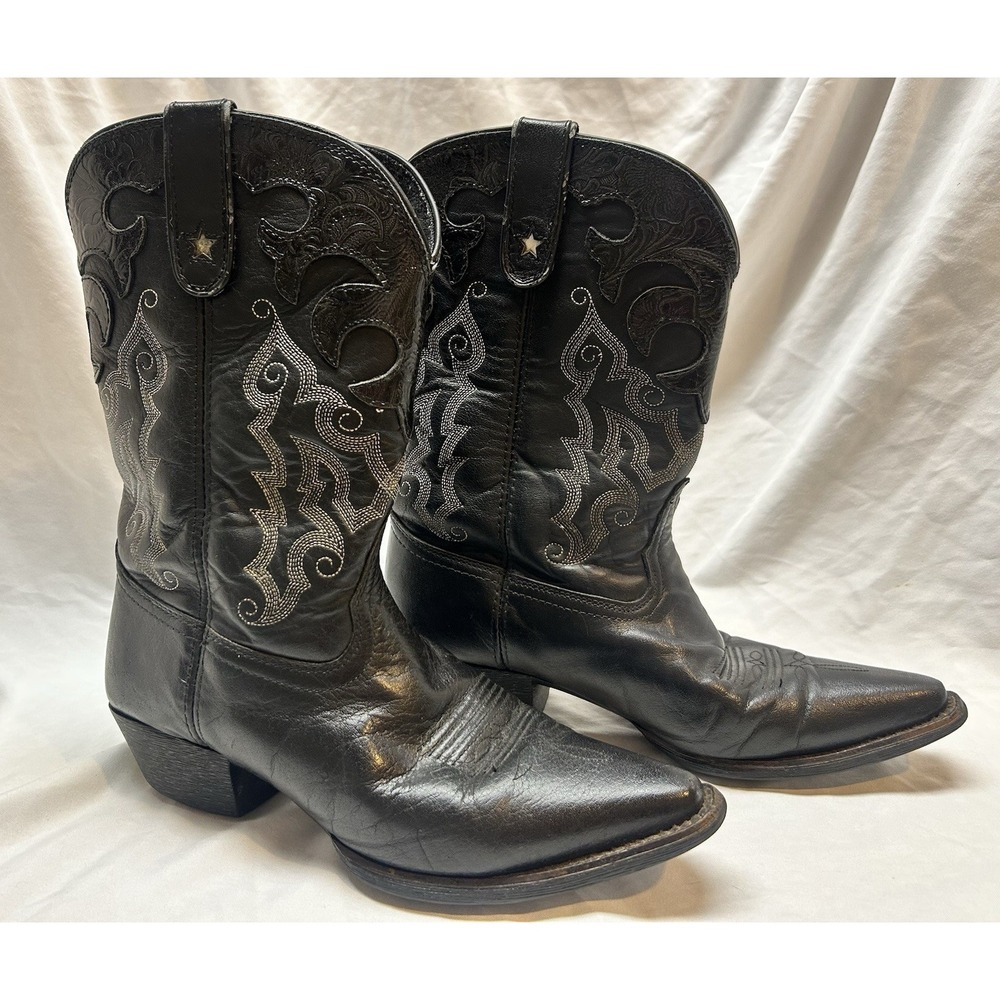 Tony Lama Black Western Cowboy Boots Mens 6D Womens 8 Leather Boho Festival